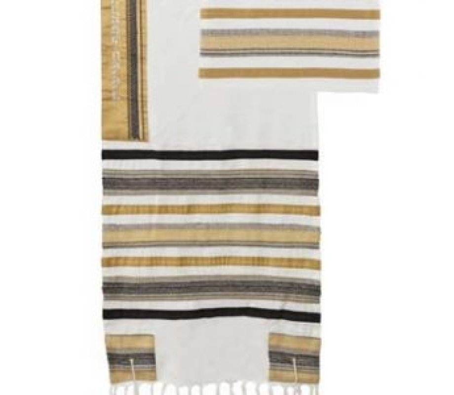 Cotton Prayer Shawl Set with Applique, Brown and Black Stripes - Yair Emanuel