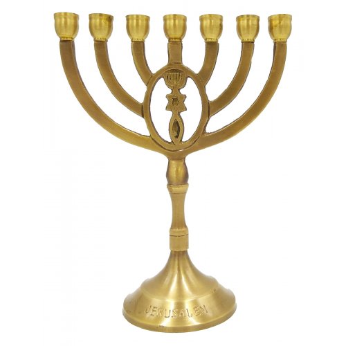 Dark Gold Brass Seven Branch Menorah with Antique Look, Grafted in Design - 8