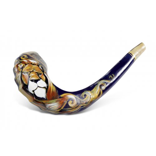 Decorated Hand Painted Ram's Horn Shofar -Lion of Judah Design