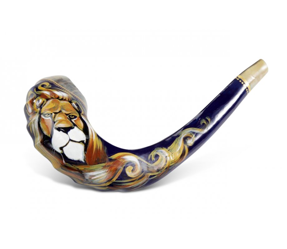 Decorated Hand Painted Ram's Horn Shofar -Lion of Judah Design