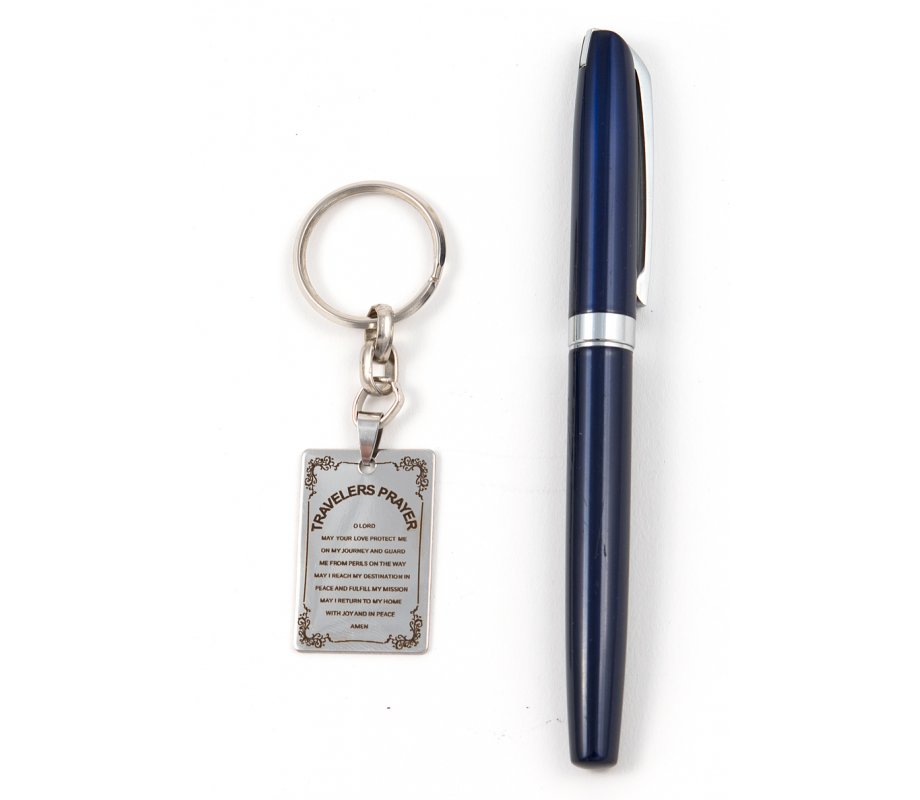 Dog Tag Key Ring with Travelers Prayer in English in Frame - Stainless Steel
