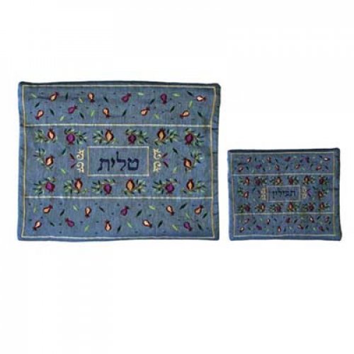 Emanuel Embroidered Prayer Shawl and Tefillin Bag Set – Pomegranates on Blue