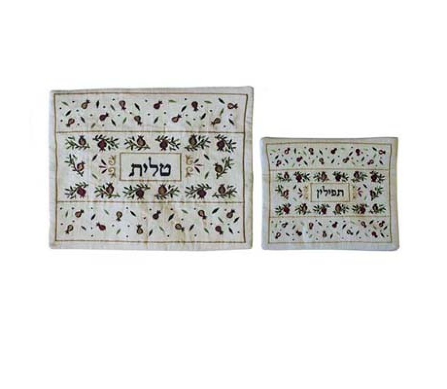 Emanuel Embroidered Prayer Shawl and Tefillin Bag Set - Pomegranates on White