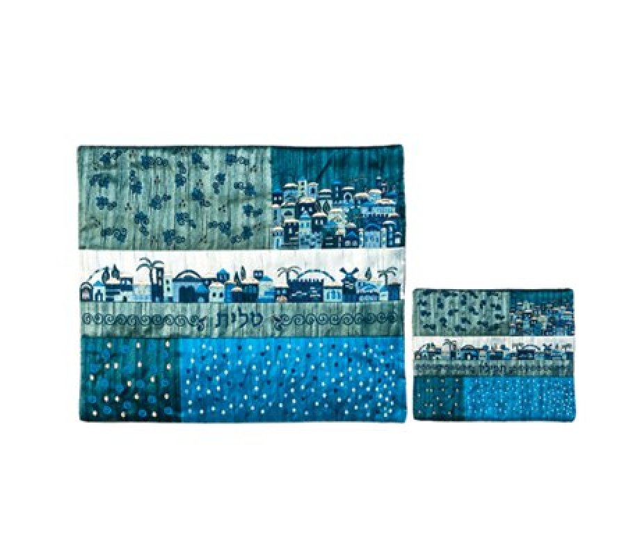 Emanuel Embroidered Blue Quilted Prayer Shawl and Tefillin Bag - Jerusalem
