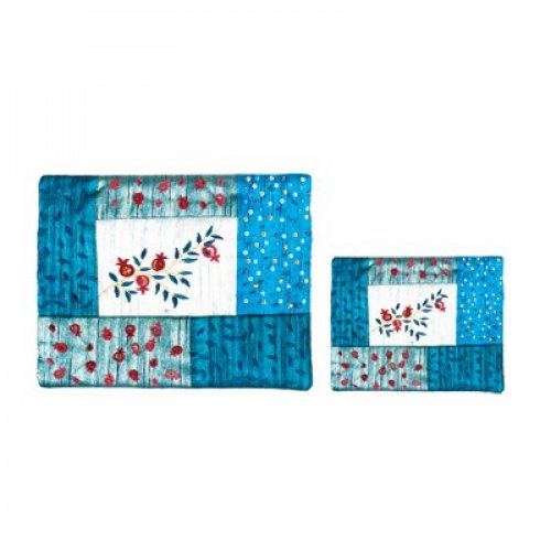 Emanuel Embroidered Blue Quilted Prayer Shawl and Tefillin Bags - Pomegranates