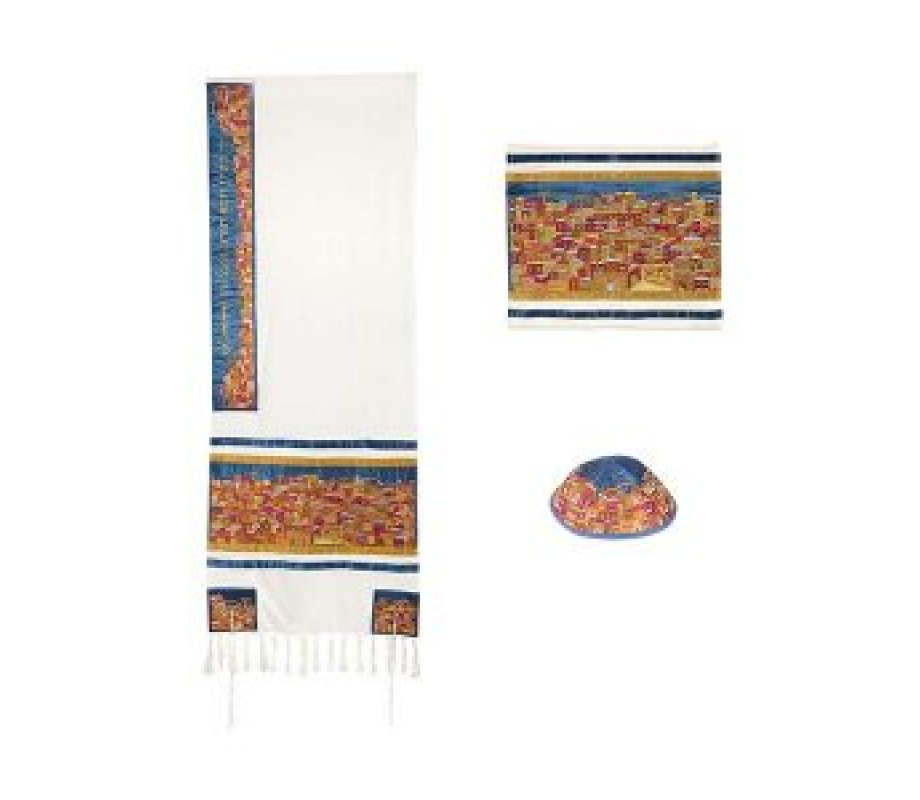Embroidered Cotton Prayer Shawl Set, Jerusalem in Gold and Red - Yair Emanuel