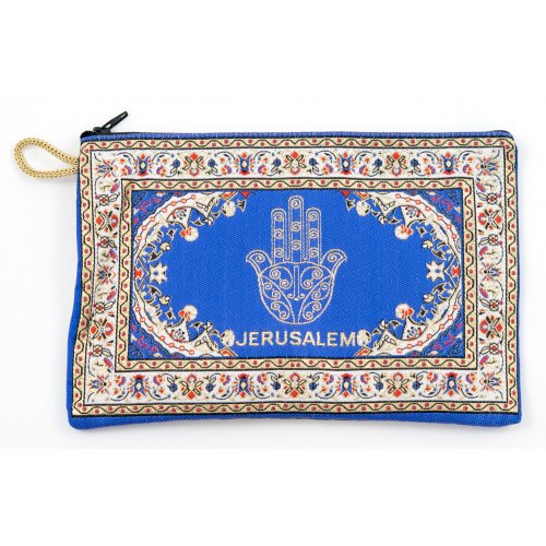 Embroidered Fabric Purse, Choice of Sizes  Blue Hamsa with Oriental Design