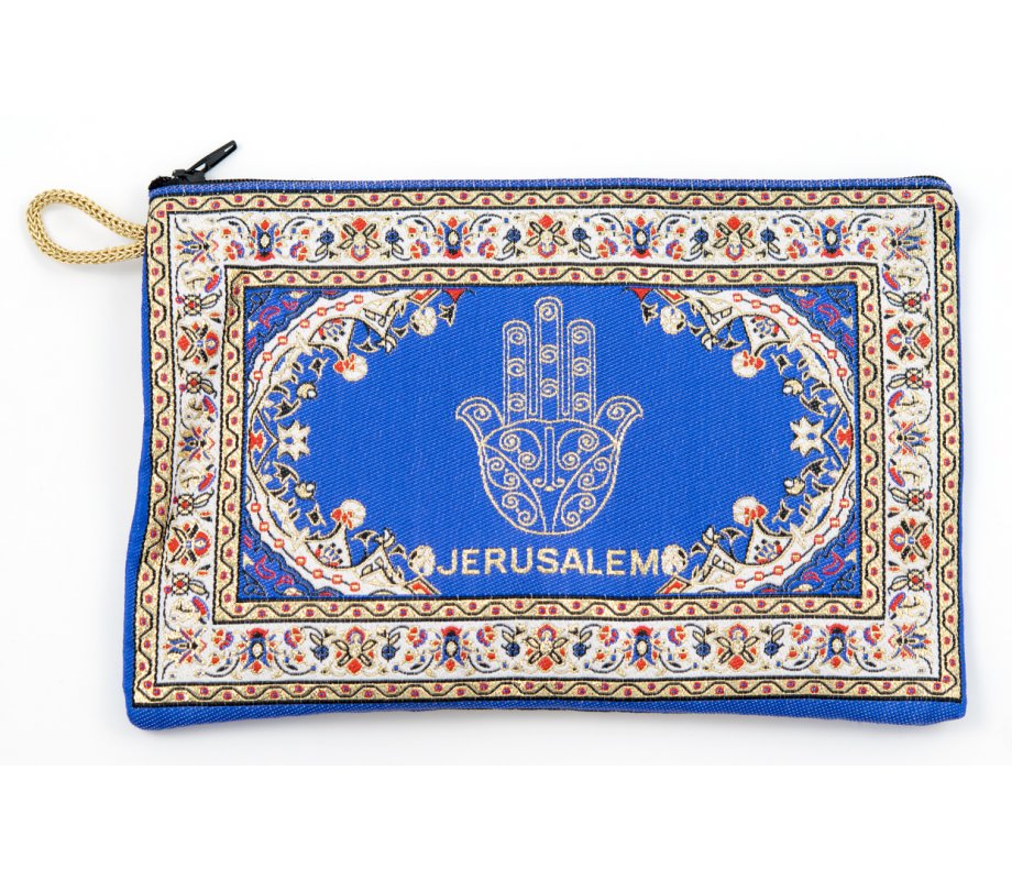 Embroidered Fabric Purse, Choice of Sizes – Blue Hamsa with Oriental Design