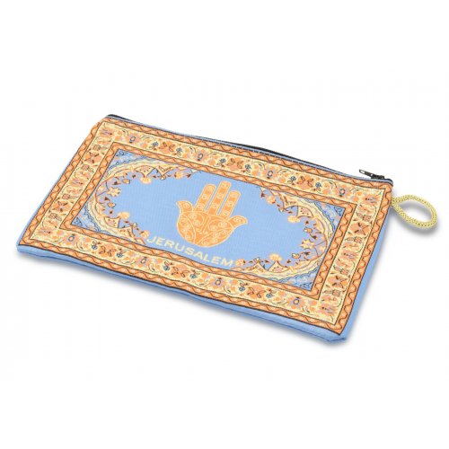 Embroidered Fabric Purse with a Framed Jerusalem Hamsa - Blue and Gold