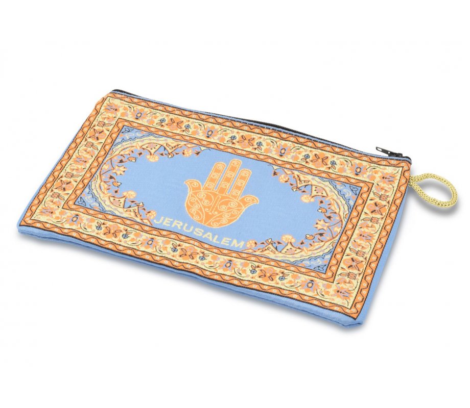Embroidered Fabric Purse with a Framed Jerusalem Hamsa - Blue and Gold