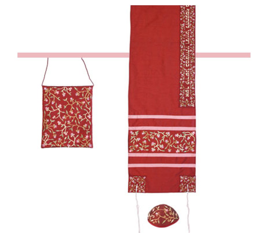 Embroidered Flowers on Polysilk Maroon Tallisack Prayer Shawl Set - Yair Emanuel