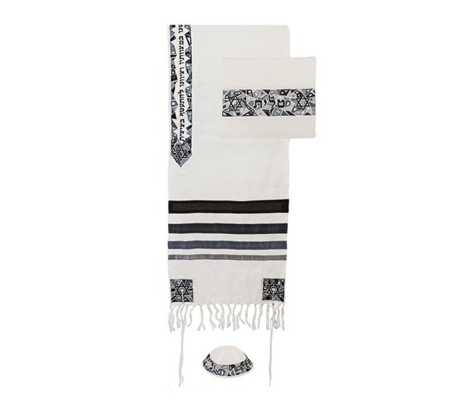 Embroidered Mosaic and Stars of David Prayer Shawl Set Black Gray - Yair Emanuel
