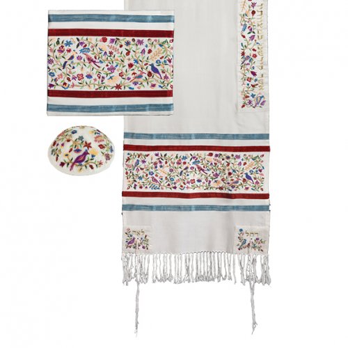 Embroidered Prayer Shawl Set Colorful Birds and Flowers - Yair Emanuel