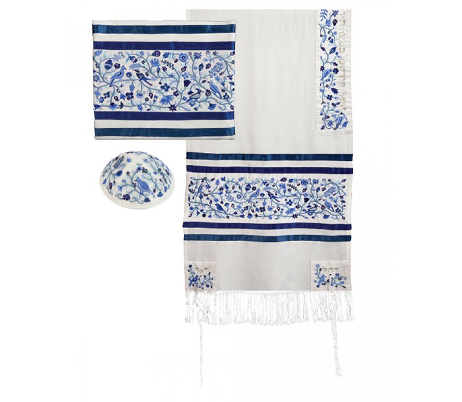 Embroidered Silk & Cotton Prayer Shawl Set Trees and Flowers, Blue - Yair Emanuel