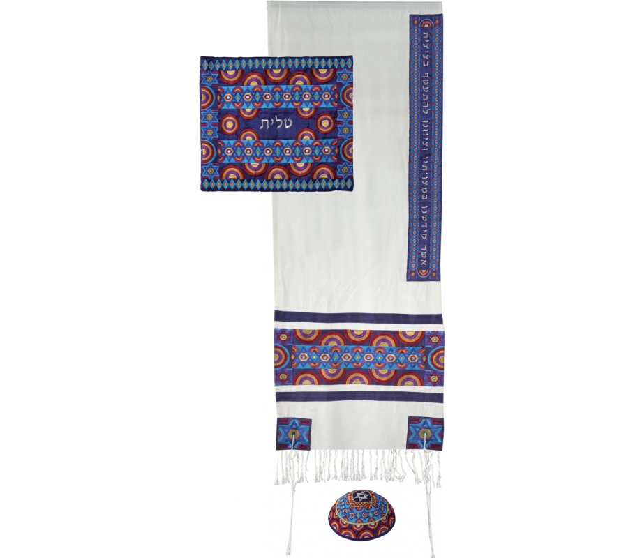 Embroidered Silk and Cotton Prayer Shawl, Red and Blue Stars of David - Yair Emanuel
