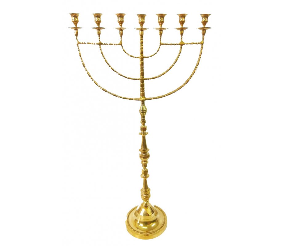 Extra Tall Seven-Branch Menorah Decorated with Spheres, Gold Colored Brass  39 