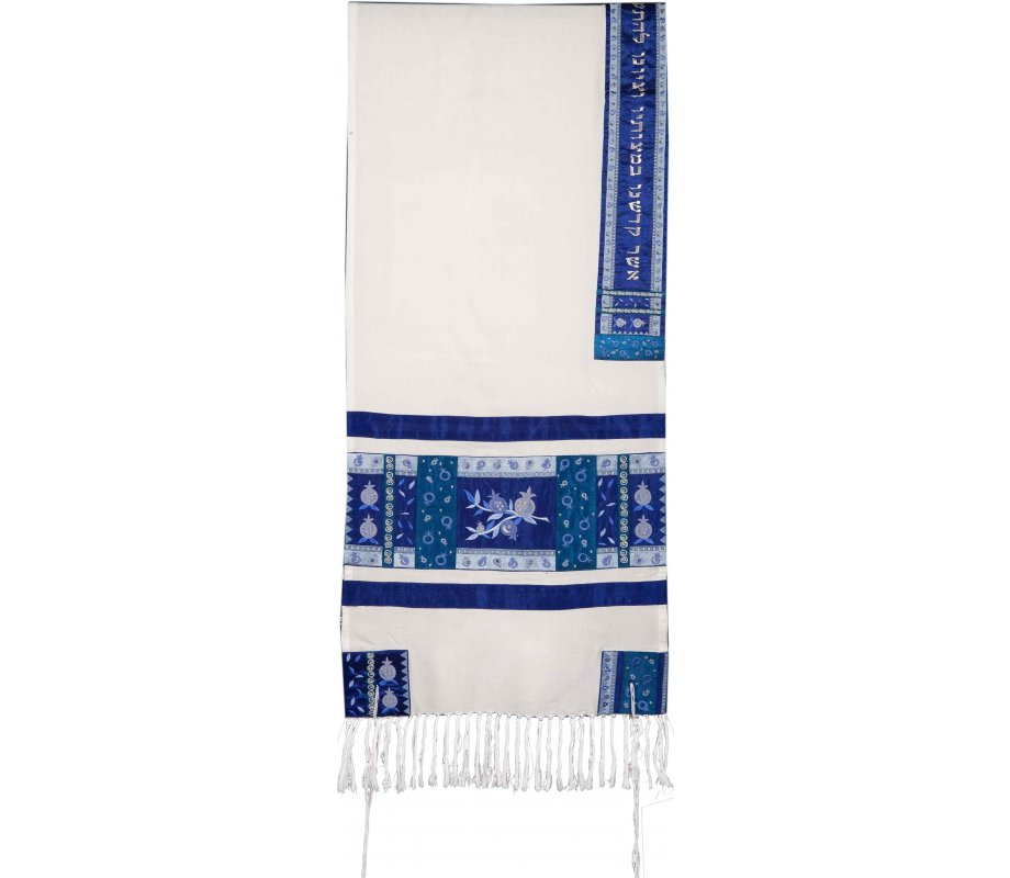 Fabric with Embroidered Silk Prayer Shawl Set, Pomegranates Blue - Yair Emanuel