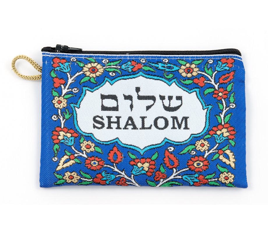Flower Decorated Shalom Peace Embroidered Zippered Cloth Purse