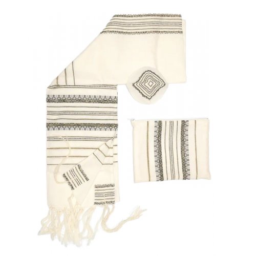 Gabrieli Handwoven Hagar Off White Wool Tallit Set - Black and Gold Stripes