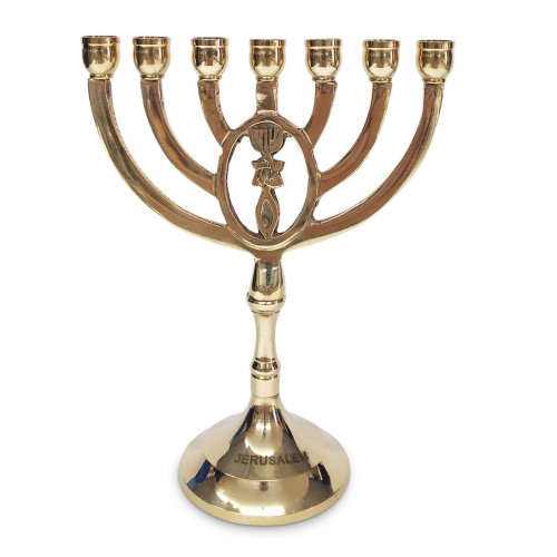 Gleaming Gold Brass Seven Branch Menorah with Oval Framed Grafted In Design - 8