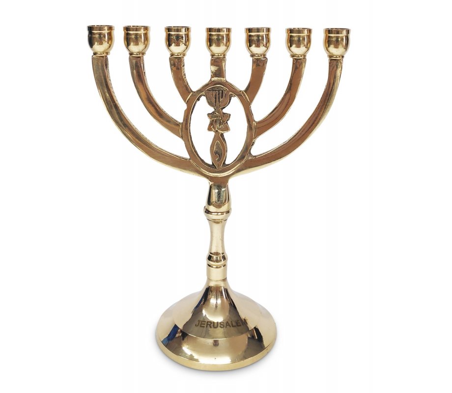 Gleaming Gold Brass Seven Branch Menorah with Oval Framed Grafted In Design - 8