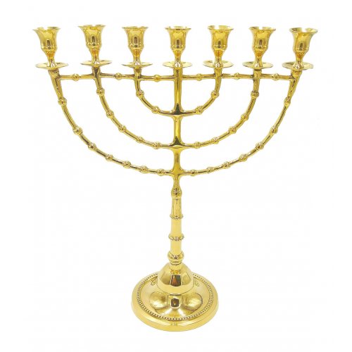 Gleaming Gold Colored Brass Extra Large Seven Branch Menorah on Stem - 18