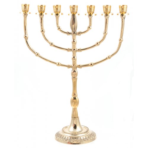 Gleaming Gold Seven Branch Menorah with Bead Decoration, Brass - 15