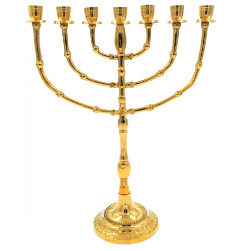 Gleaming Gold Seven Branch Menorah with Bead Decoration, Brass - 15