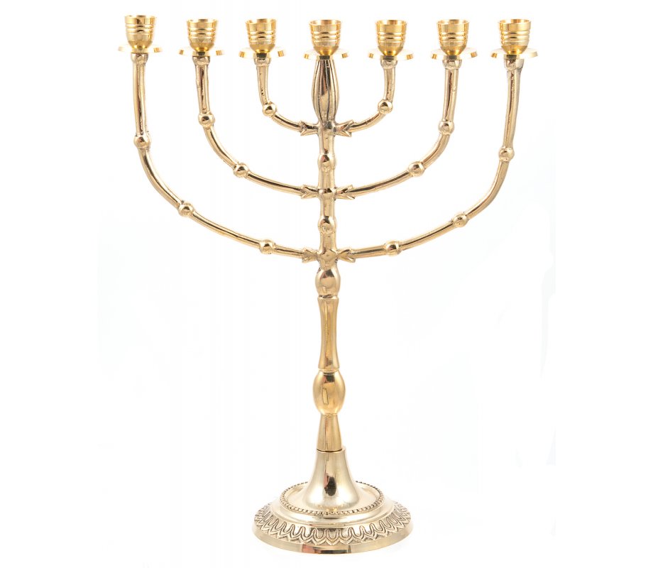 Gleaming Gold Seven Branch Menorah with Bead Decoration, Brass - 15