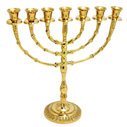 Gleaming Gold Seven Branch Menorah with Bead Design, Brass - 12