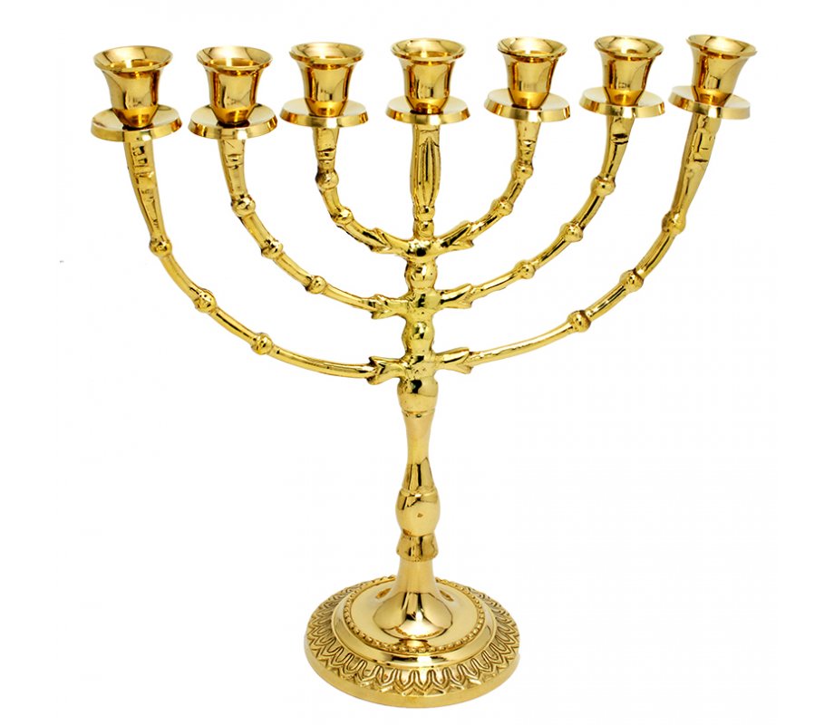 Gleaming Gold Seven Branch Menorah with Bead Design, Brass - 12