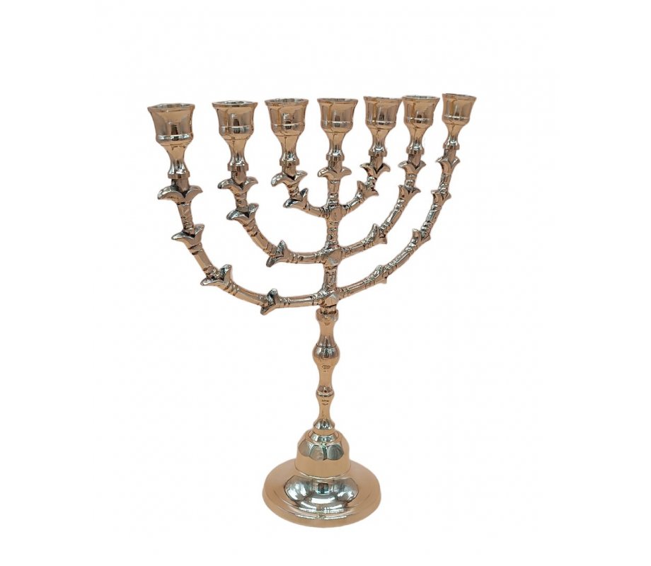 Gleaming Seven Branch Menorah, Decorative Gold Brass - 12.5