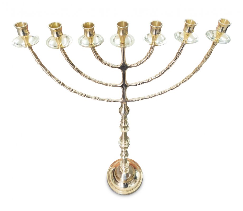 Gold Brass Extra Large Seven Branch Menorah on Stem - 32