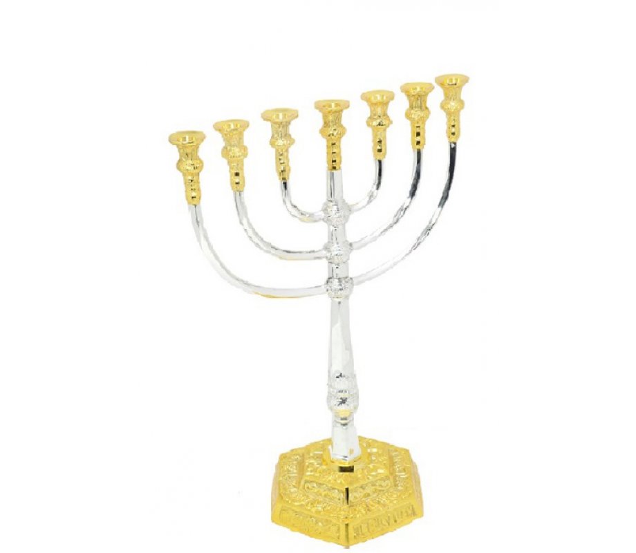 Gold Brass Medium Seven Branch Menorah with Smooth and Engraved Surfaces