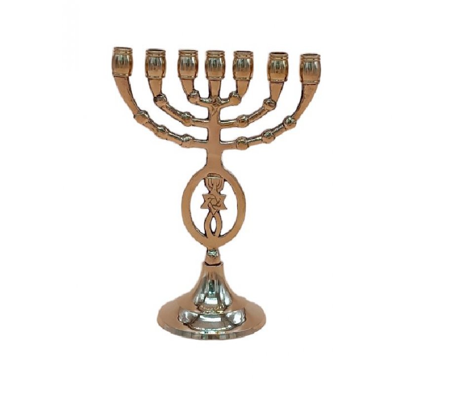Gold Brass Seven Branch Menorah, Star of David and Fish Decoration – 8