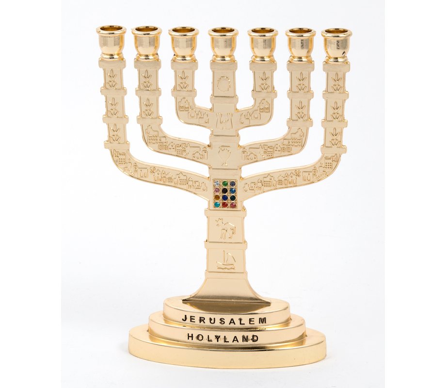 Gold Color Temple Menorah with Twelve Tribes and Breastplate