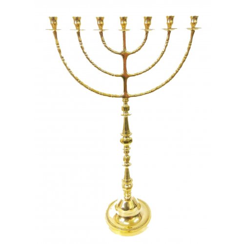 Gold Colored Brass Extra Large Seven Branch Menorah on Stem - 32