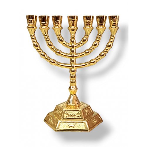 Gold Metal Small Seven Branch Menorah with Engraved Twelve Tribes Design on Base