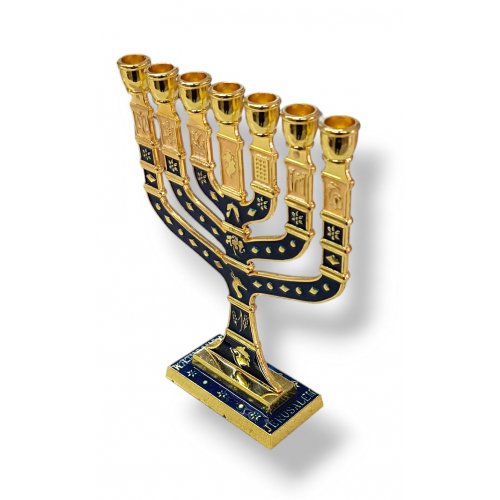 Gold Metal and Dark Blue Enamel Seven Branch Menorah with 12 Tribes Design