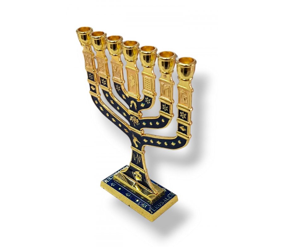 Gold Metal and Dark Blue Enamel Seven Branch Menorah with 12 Tribes Design