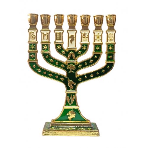 Gold Small 7-Branch Menorah with Colored Enamel, 12 Tribes Emblems - Color Choice