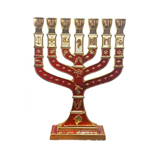 Gold Small 7-Branch Menorah with Colored Enamel, 12 Tribes Emblems - Color Choice