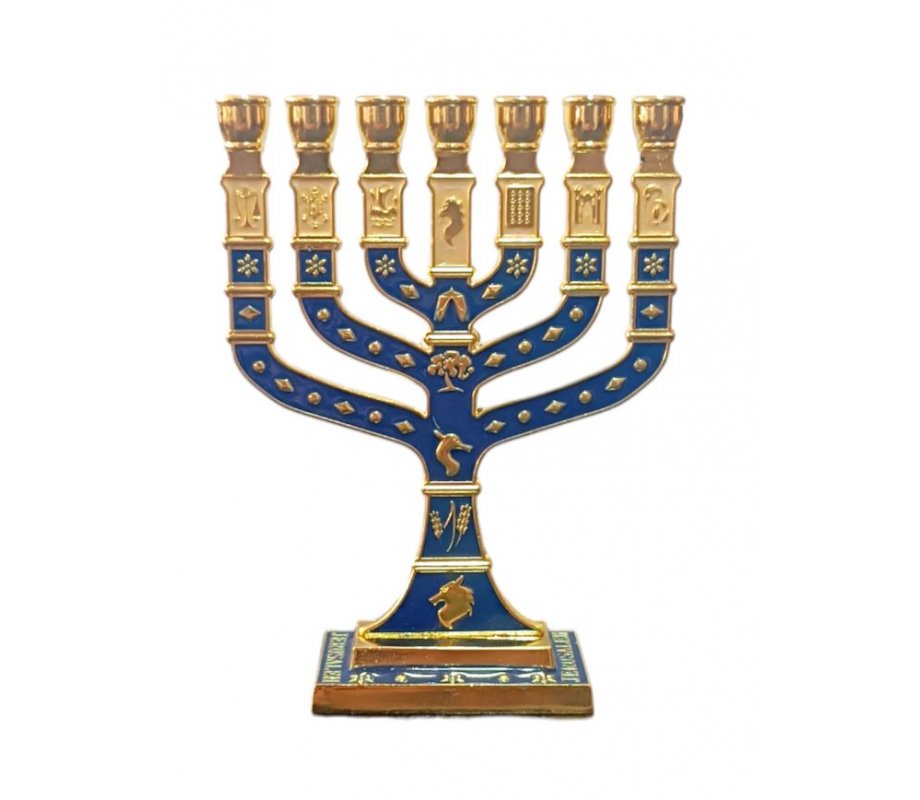 Gold Small 7-Branch Menorah with Colored Enamel, 12 Tribes Emblems - Color Choice