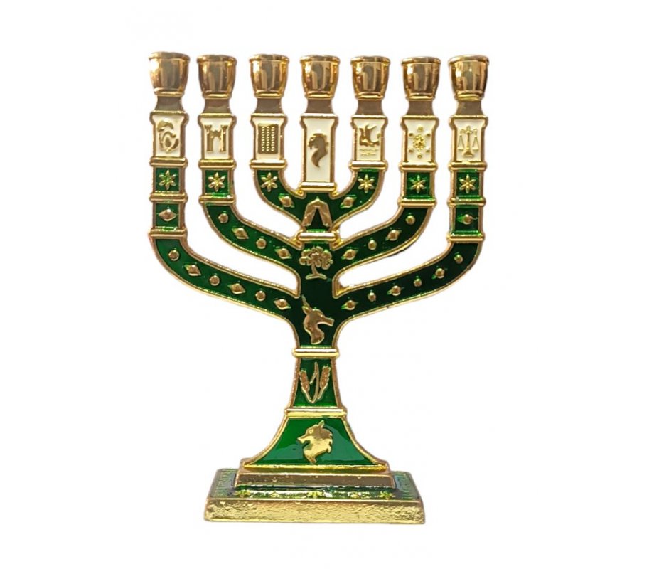 Gold Small 7-Branch Menorah with Colored Enamel, 12 Tribes Emblems - Color Choice