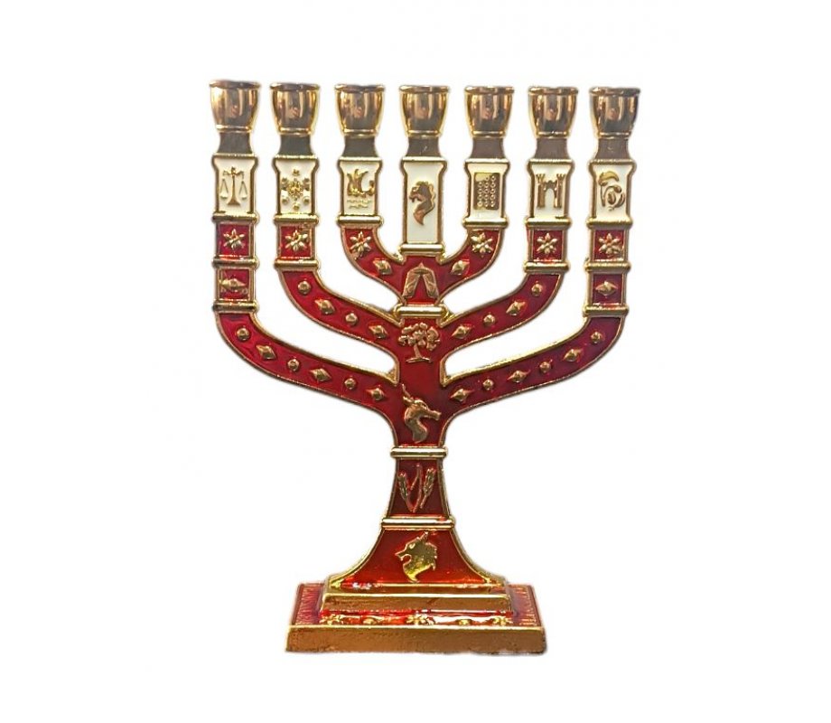 Gold Small 7-Branch Menorah with Colored Enamel, 12 Tribes Emblems - Color Choice