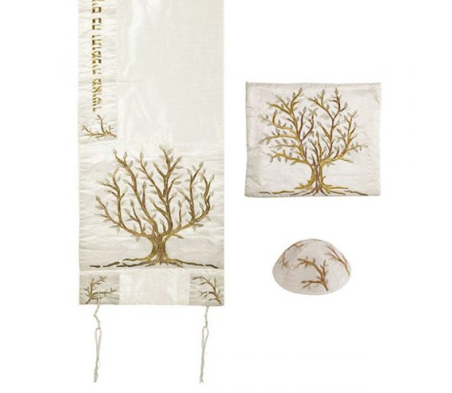 Gold and Silver Polysilk Embroidered Tree of Life Prayer Shawl Set - Yair Emanuel