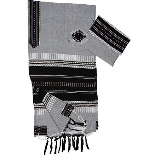 Gray Handwoven Cotton Tallit Prayer Shawl Set with Black and Silver Stripes - Gabrieli