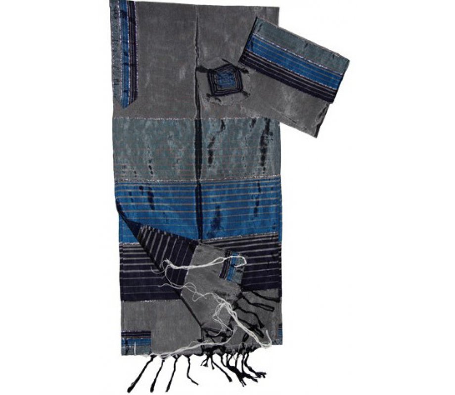 Gray Handwoven Silk Tallit Prayer Shawl Set Shades of Blue Stripes - Gabrieli