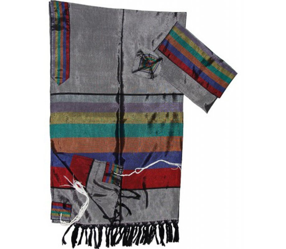 Gray Silk Handwoven Prayer Shawl Tallit Set with Colorful Wide Stripes -  Gabrieli