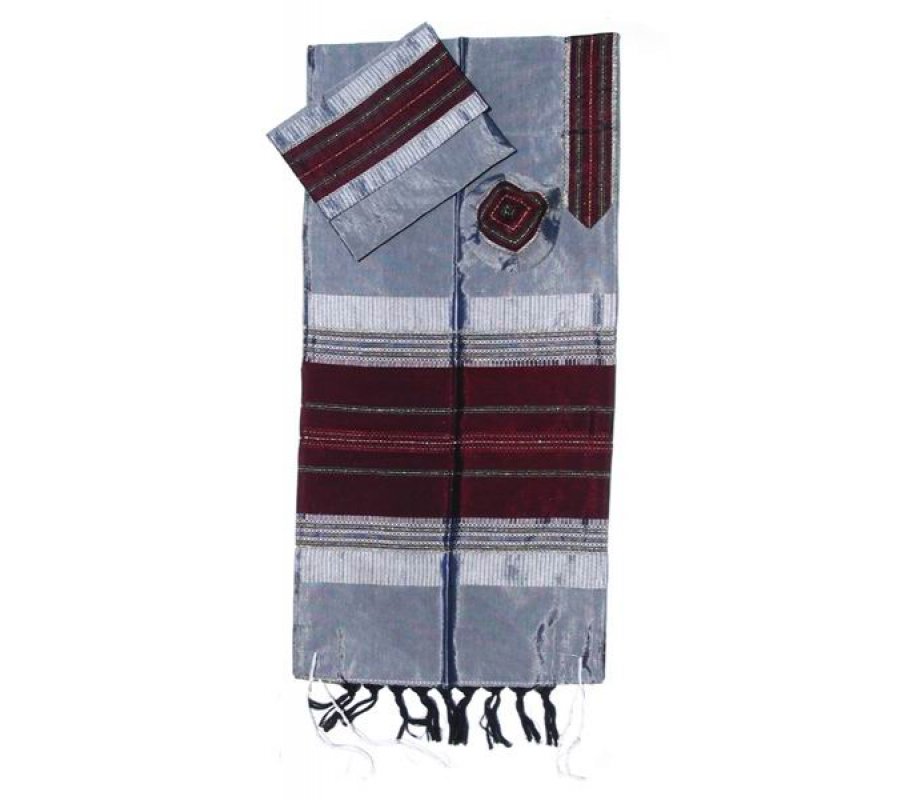 Gray Silk Handwoven Prayer Shawl Tallit Set with Maroon Stripe - Gabrieli